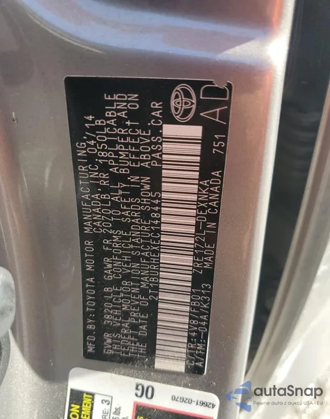 2014 Toyota Corolla L from USA, damaged, VIN 2T1BURHEXEC148445